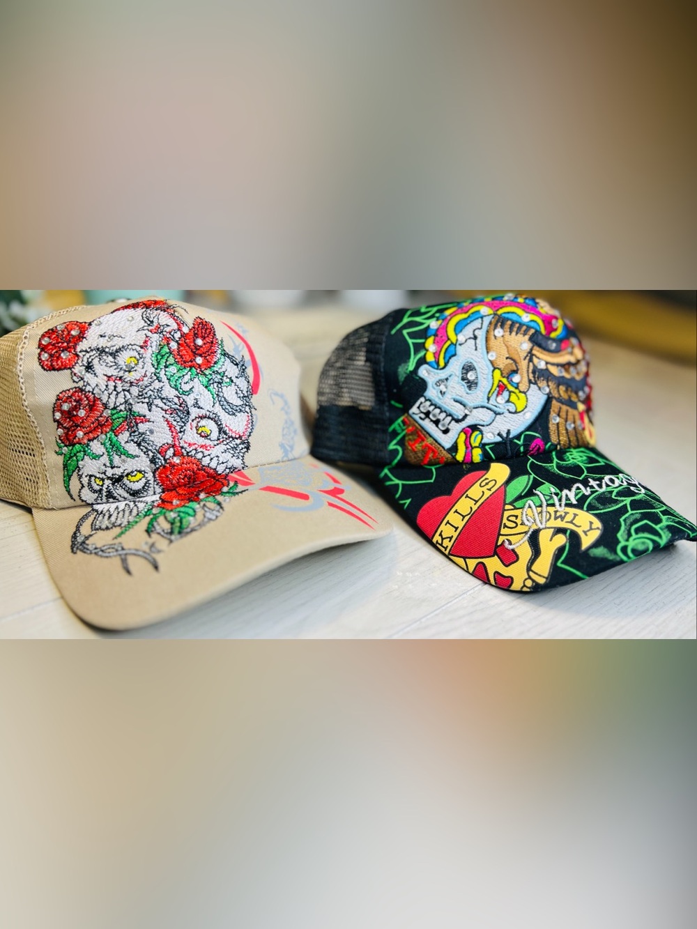 (2) Embroidered Skull Trucker Hats - Black & Beige with Colorful Graphics (NEW)